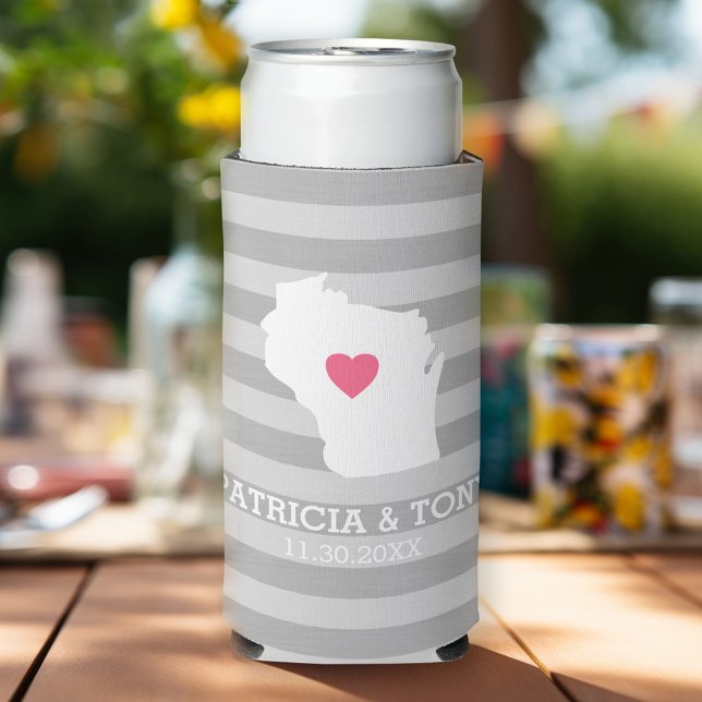Wisconsin Map Zuhause Staat Liebe mit optionalem H Selters Dosenkühler (Personalized can cooler for a wedding or anniversary - Wisconsin)