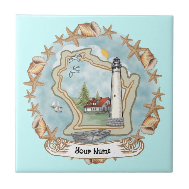 Wisconsin Muscheln Lighthouse Tile Fliese (Vorderseite)