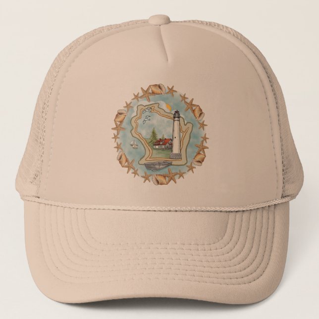 Wisconsin Muscheln Lighthouse Trucker Hat Truckerkappe (Vorderseite)