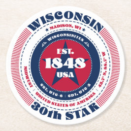 Wisconsin Red White Blue Typografie Runder Pappuntersetzer