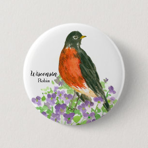 Wisconsin Souvenir American Robin Lila Violets Button