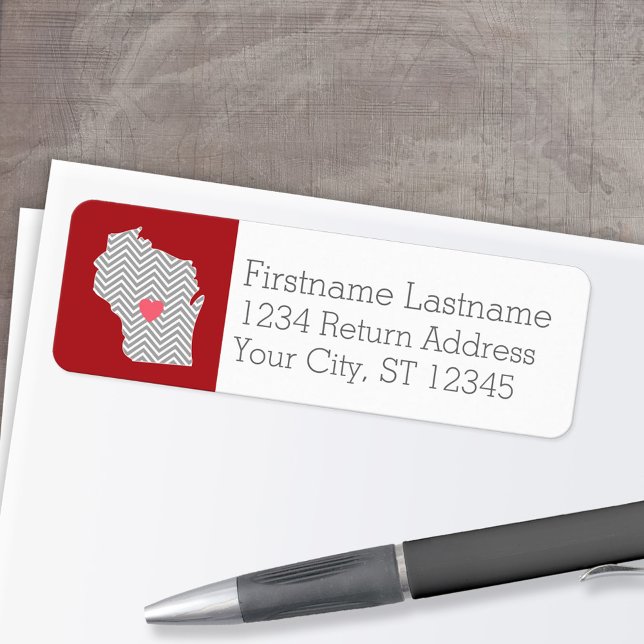 Wisconsin Staat Map mit benutzerdefiniertem Rotem  (Personalized Mailing Label with Return Address and State Map - Low Minimum)