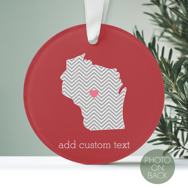 Wisconsin Staat Map mit benutzerdefiniertem Rotem  Ornament (Personalized Photo Ornament with a State Design on the Front and Photo on the Back)