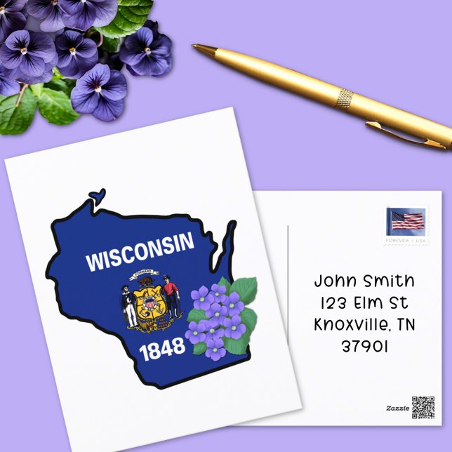 Wisconsin State Flag & Blume Common Blue Violet Postkarte (Von Creator hochgeladen)