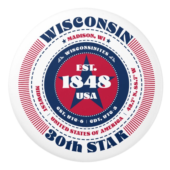 Wisconsin US-Staat Red White Blue Typografy Keramikknauf (Vorderseite)