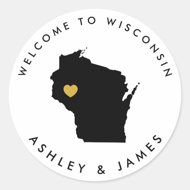 Wisconsin Wedding Welcome Sticker Tag, Schwarz, Go (Vorderseite)
