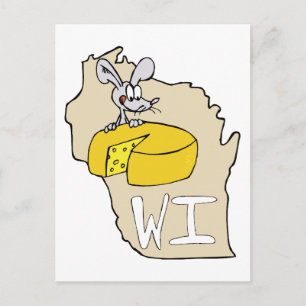 Wisconsin WI Map & Cheese Mouse Cartoon Art Posta Postkarte