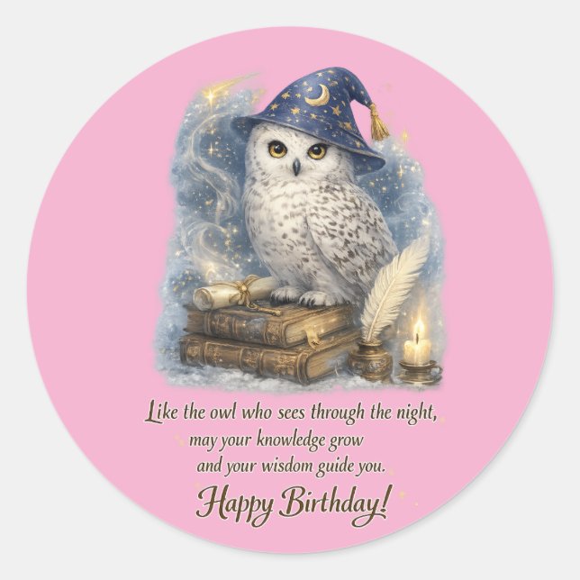 Wisdom & Knowledge Snow Owl Happy Birthday Runder Aufkleber (Vorderseite)