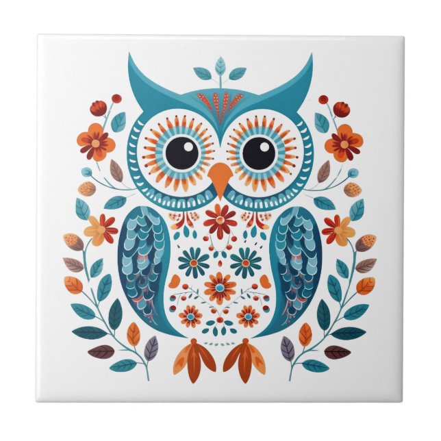 Wise Blue Owl Skandinavien Folklore Art Fliese (Vorderseite)