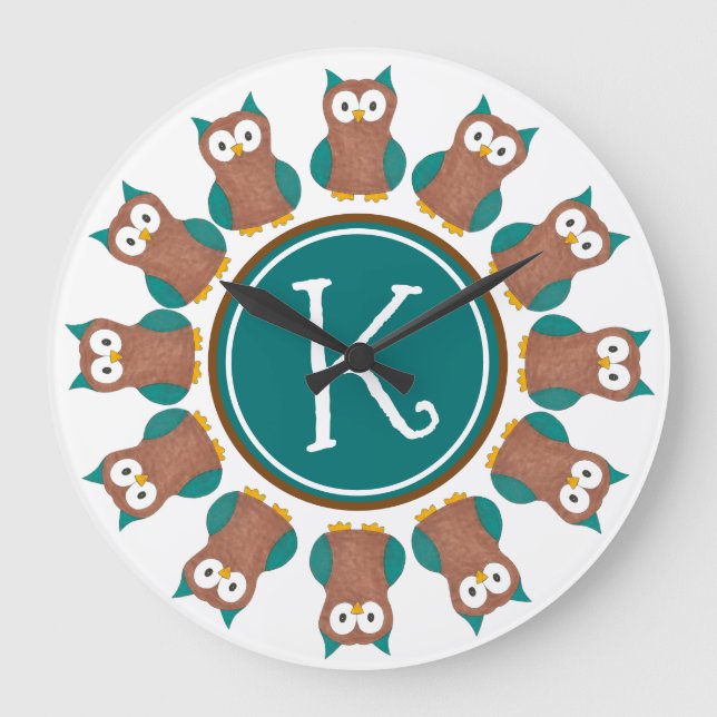 Wise Brown Blue Owl Bird Bedroom Initial Große Wanduhr (Vorderseite)