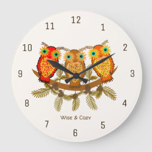 Wise & Cozy – Drei orangefarbene Eulen Kunst Große Wanduhr