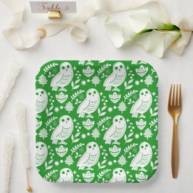 Wise Owl Folk Art Green Holiday Pappteller (Hochzeit)