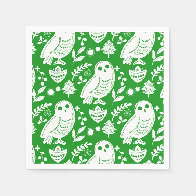 Wise Owl Folk Art Green Holiday Serviette (Vorderseite)