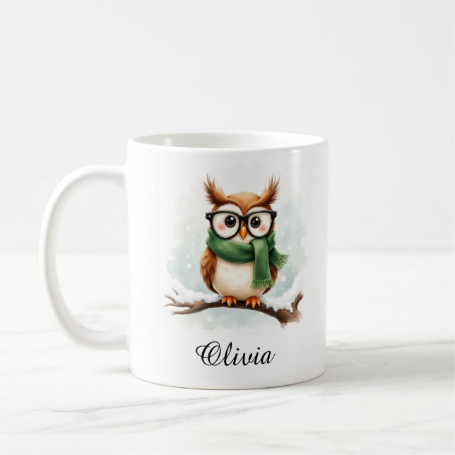 Wise Owl in Glasses & Scarf Custom Name Mug Kaffeetasse (Links)
