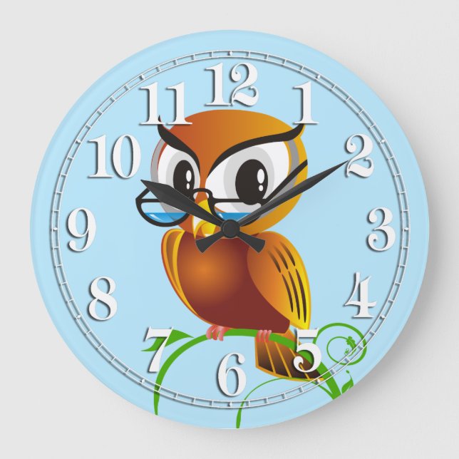 Wise Owl in Sholes Light Blue Große Wanduhr (Vorderseite)