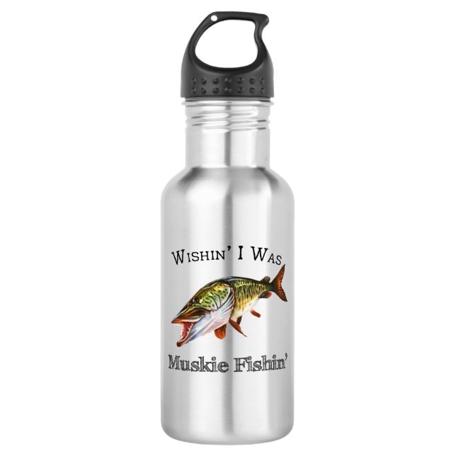Wishin zu Muskie Fishin Edelstahlflasche (Vorderseite)