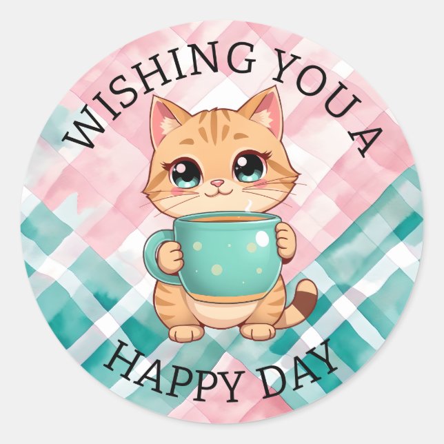 Wishing You a Happy Day | Cute Cat Runder Aufkleber (Vorderseite)