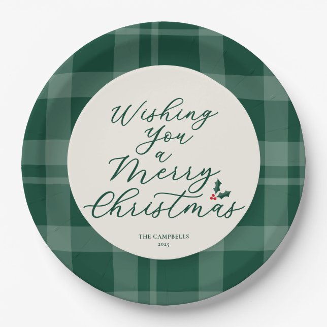 Wishing You a Merry Christmas Dark Green Plaid Pappteller (Vorderseite)