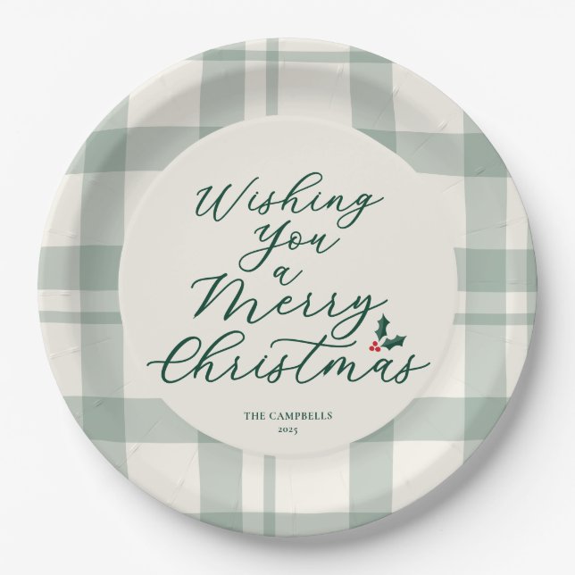 Wishing You a Merry Christmas Plaid Pappteller (Vorderseite)