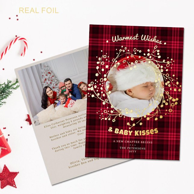 Wishs Kisses Cosy Red Kariert Baby Ankündigung (rustic red plaid whimsical gold wreath baby announcement family christmas card two photos rustic)