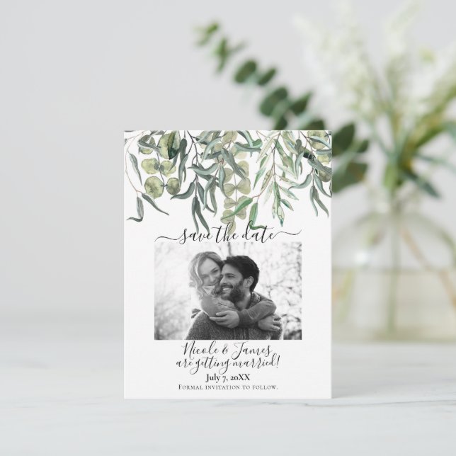 Wispy Eukalyptus Greenery Wedding Save the Date Einladung (Stehend Vorderseite)