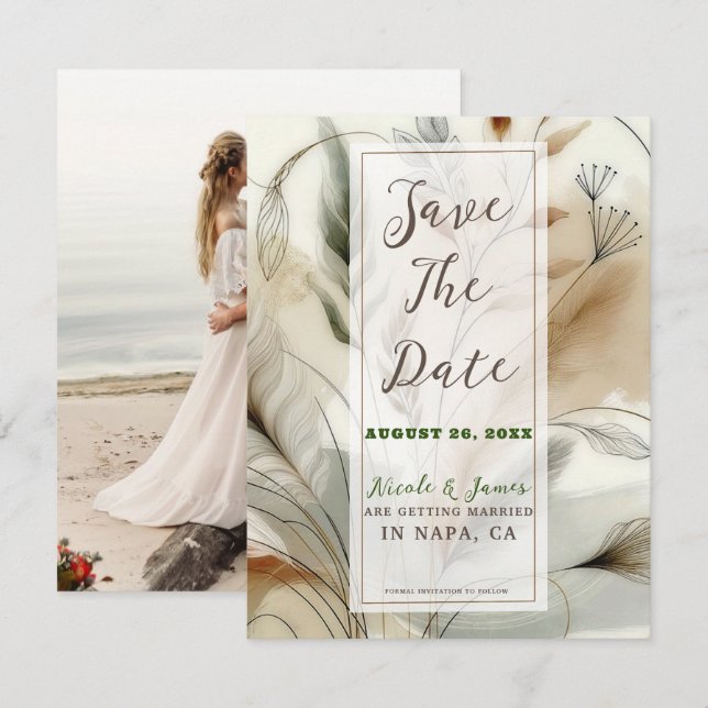 Wispy Greenery Modern Botanical Boho Save the Date Einladung (Vorne/Hinten)