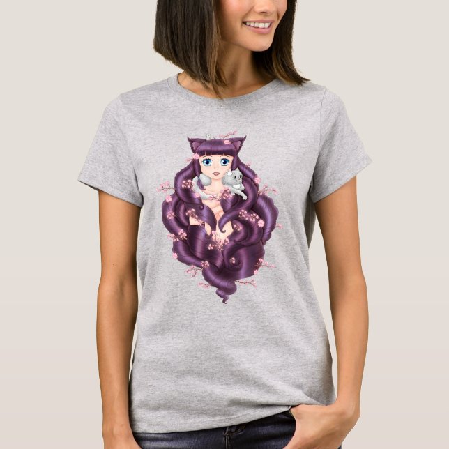 Wispy Lila Haired Neko Anime Girl T-Shirt (Vorderseite)