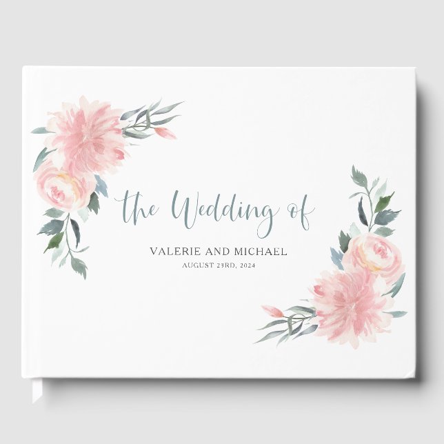 Wispy Pink Watercolor Floral Wedding Guest Book Gästebuch (Vorderseite)