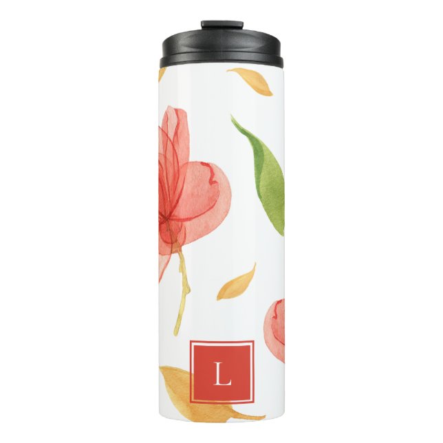 Wispy Red Floral Monogram Thermal Tumbler Thermosbecher (Vorderseite)