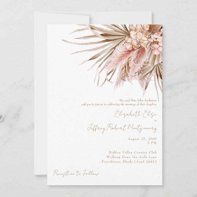 Wispy Watercolor Pampas Blush Wedding Einladung (Vorderseite)