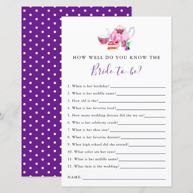 wissen, die Braut Brautparty Game Tea Party Lila (Vorne/Hinten)