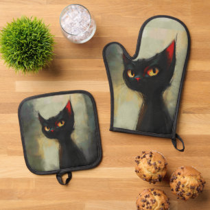 Wissende Schwarze Ninja-Katze Ofenhandschuh & Topflappen-Set