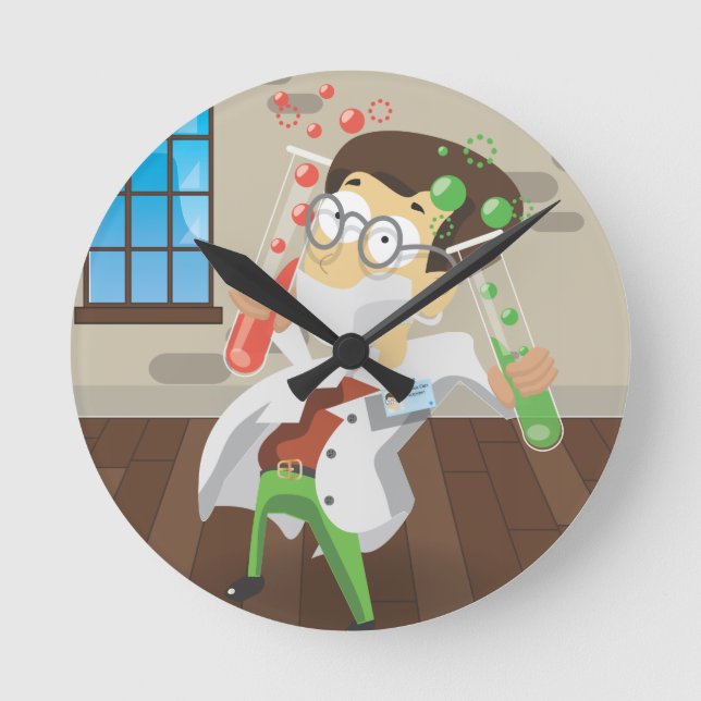 Wissenschaftler mit Teströhren Runde Wanduhr (Vorderseite)
