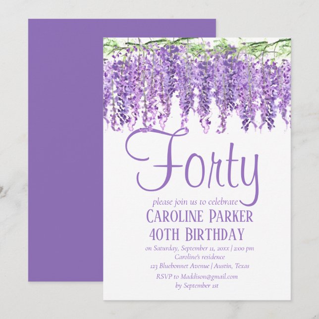 Wisteria 40. Geburtstag Lila Blumenviolett Einladung (Vorne/Hinten)