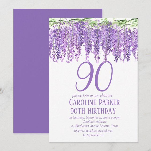 Wisteria 90. Geburtstag Lila Blumenviolett Einladung (Vorne/Hinten)