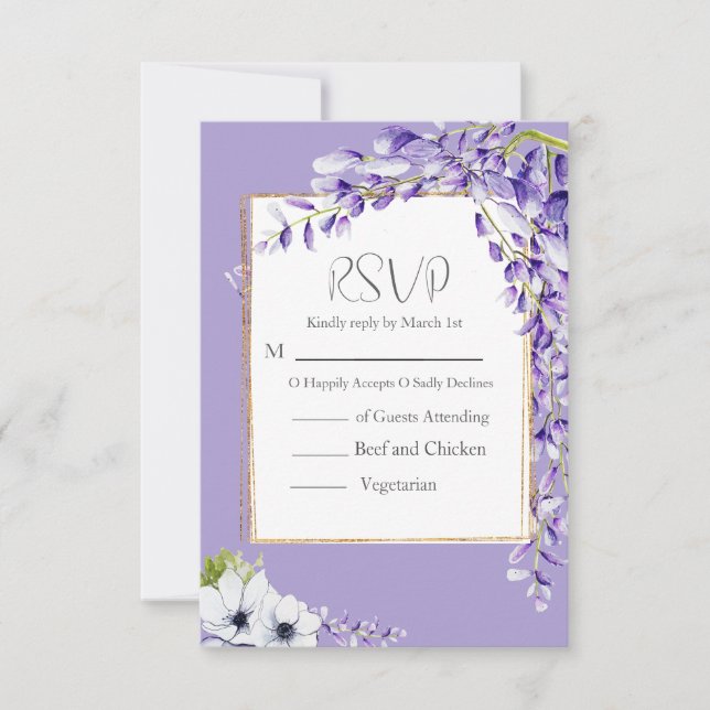 Wisteria Blooms Wedding RSVP Karte (Vorderseite)