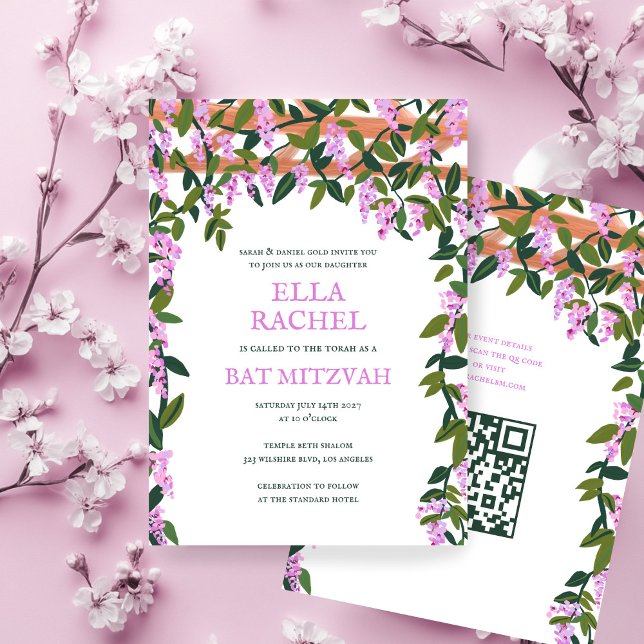 Wisteria Custom B'nai Bat Bar Mitzvah QR Code Girl Einladung (Wisteria Custom B'nai Bat Bar Mitzvah QR Code Invitation Girl Modern 
)