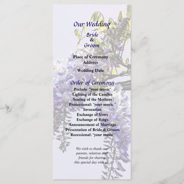 Wisteria fängt an zu Open Wedding Programm (Vorderseite)