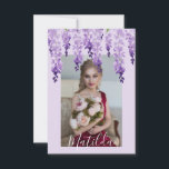 Wisteria Foto | Bat Mitzvah Dankeskarte<br><div class="desc">Dieses Design besticht durch elegante Wischerei-Blume in sanften Lavendel und lila mit grünen Blätter auf einem lila Hintergrund mit Ihrem Lieblings-Foto und Name-Overlay. Auf der Rückseite in elegantem, weißes Kalligraphieskript auf einem lila Hintergrund ist der Text "Danke" und Ihre personalisierte Nachricht und Name. Anpassen, indem Sie den Text in den...</div>