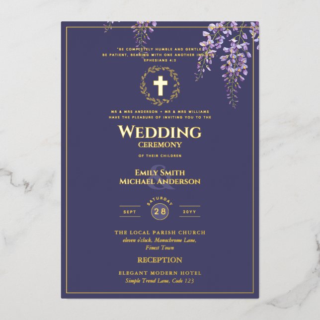 Wisteria Gold Katholische Hochzeit Lila Folieneinladung (Vorderseite)