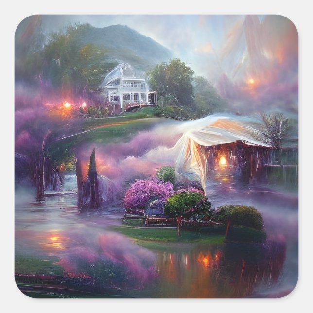 Wisteria House bei Sonnenuntergang am See Quadratischer Aufkleber (Vorderseite)