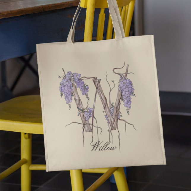 Wisteria Letter 'W' Floral Monogram Individuelle N Tragetasche (Von Creator hochgeladen)