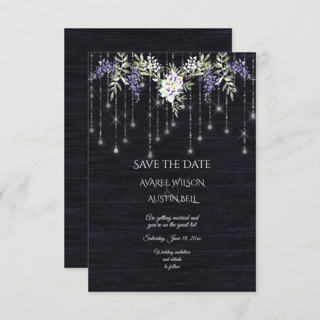 Wisteria Navy Barnboard String Lights Save The Date (Vorne/Hinten)