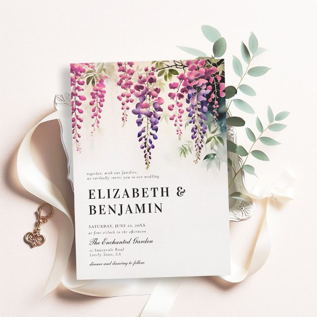 Wisteria Romantic Garden Party Rosa Lila Hochzeit Einladung (wisteria garden party wedding invitation romantic elegant modern formal watercolor floral pink boho)