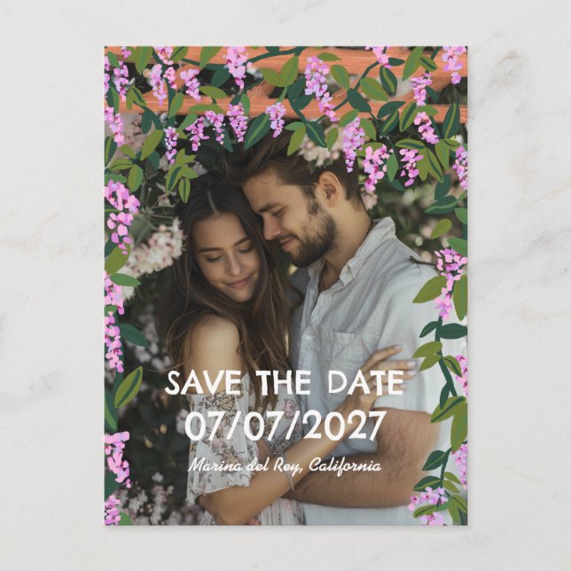 Wisteria Vines Floral Custom Foto Hochzeit Ankündigungspostkarte (Vorderseite)