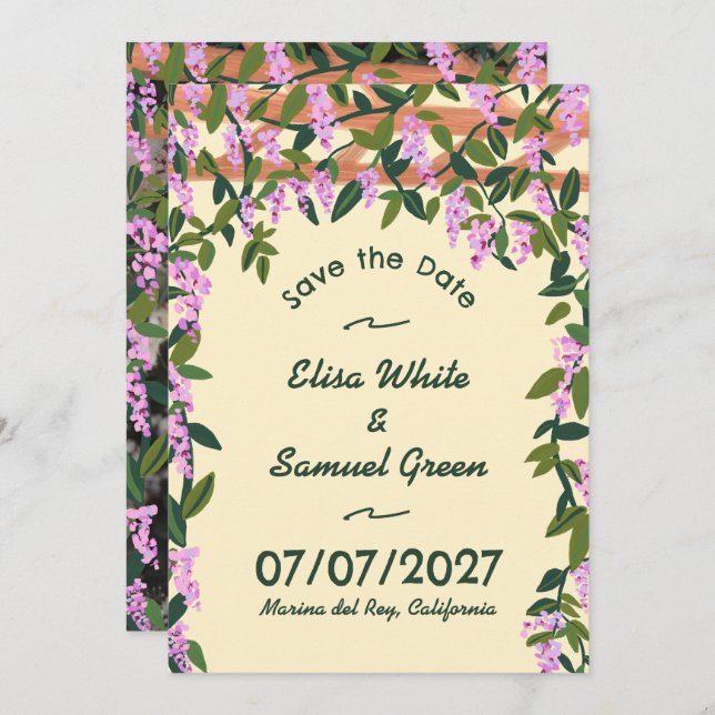 Wisteria Vines Floral Custom Foto Hochzeit Save The Date (Vorne/Hinten)