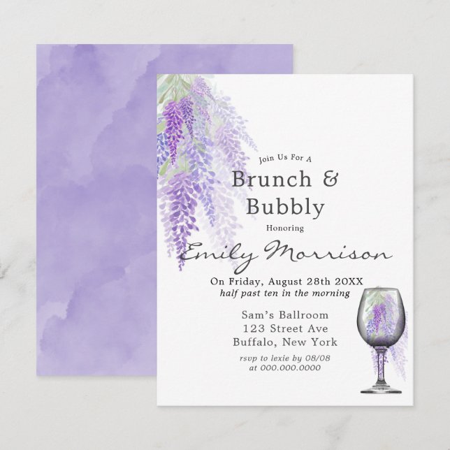 Wisteria Wine Glass Brunch & Bubbly Einladung (Vorne/Hinten)