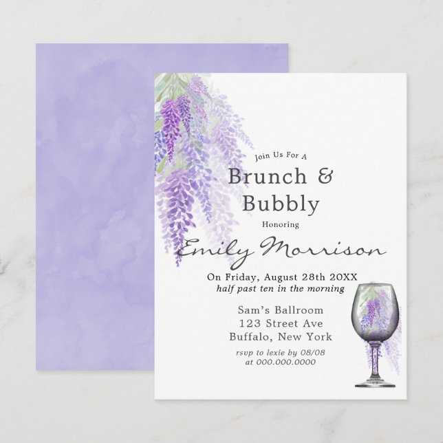 Wisteria Wine Glass Brunch & Bubbly Einladung (Vorne/Hinten)