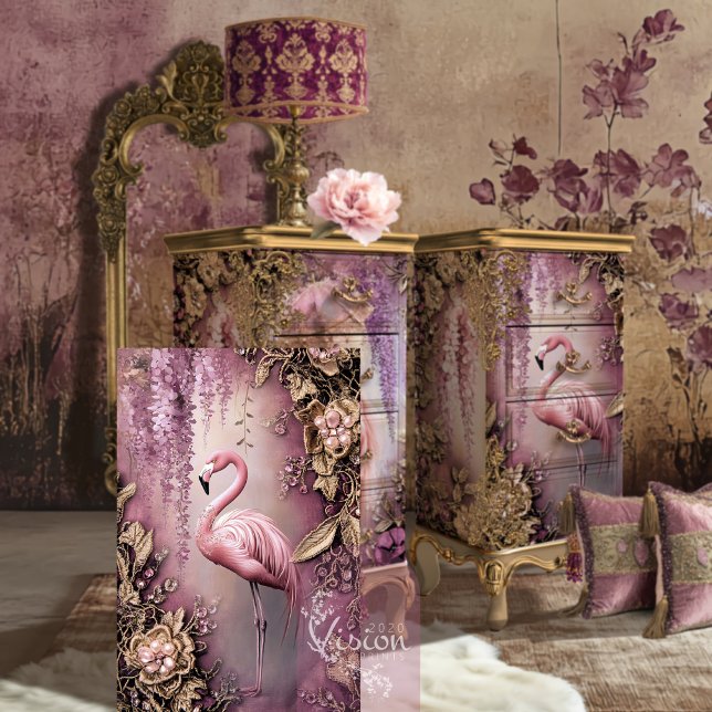 Wisteria Wonder Flamingo Ethereal Floral Seidenpapier (Wisteria Wonder, Flamingo Bird and ethereal floral, dusty mauve and lilac, decoupage tissue paper.)