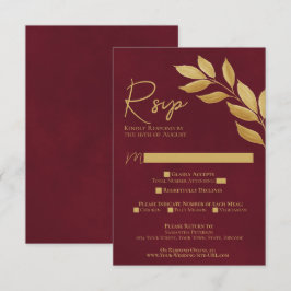 Wistful Leaves Burgundy & Gold Watercolor Wedding RSVP Karte